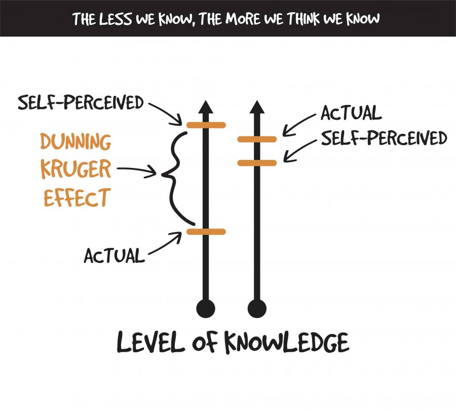 Two vertical lines showing perception versus actual levels of knowledge