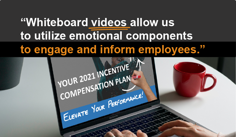 Presentation on a laptop on a table with hands and text