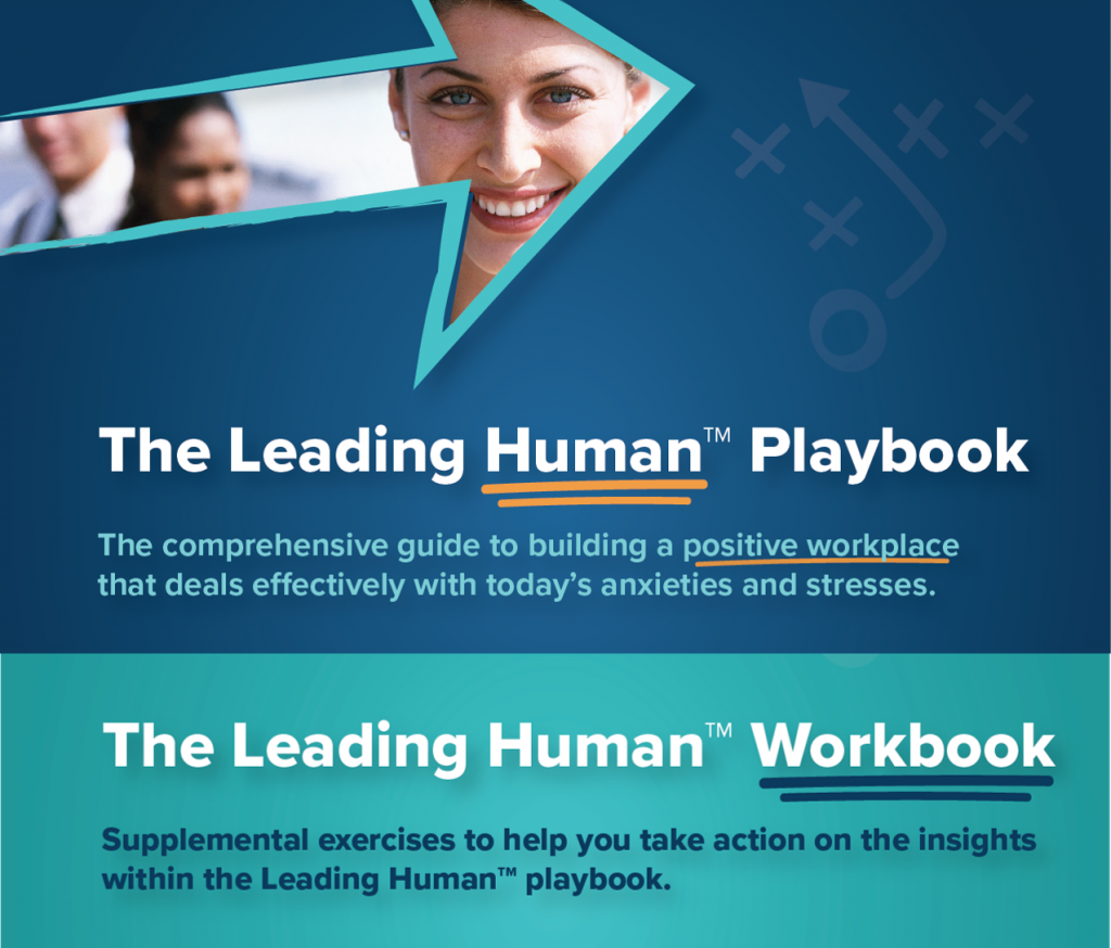 Cover page of the leading human playbook and workbook. Woman looking forward and smiling with graphics and text 